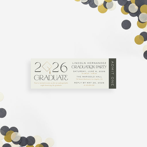 Class of 2026 graduation ticket invitation with admit one layout and modern design for a graduation party celebration
