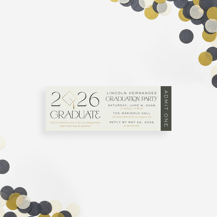 Class of 2026 graduation ticket invitation with admit one layout and modern design for a graduation party celebration