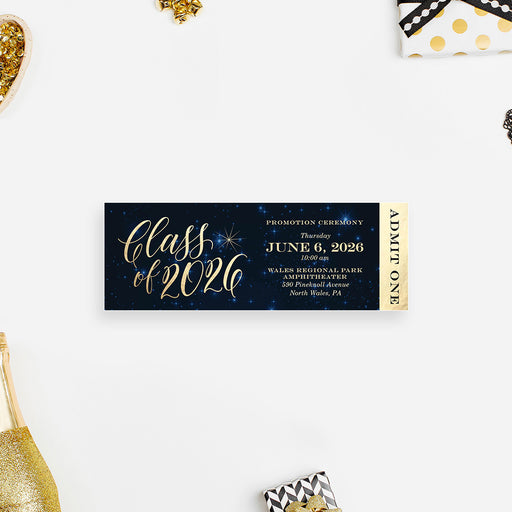 Class of 2026 graduation ticket invitation featuring starry night sky design with elegant gold typography