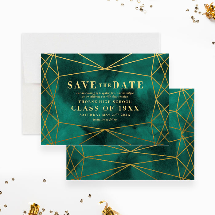 Class Reunion Save the Date Card with Gold Jewel Geometric Lines, Emerald Green Watercolor Save the Date Invitation for School Reunion