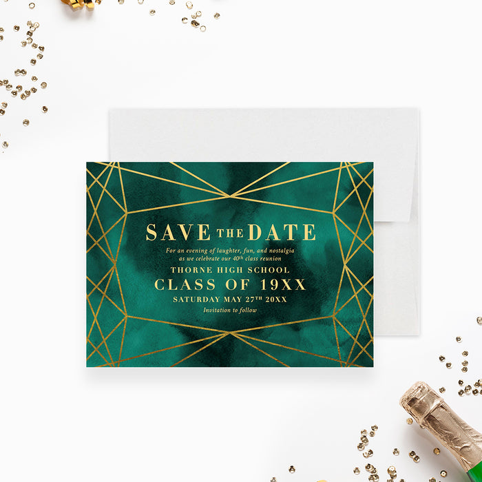 Class Reunion Save the Date Card with Gold Jewel Geometric Lines, Emerald Green Watercolor Save the Date Invitation for School Reunion