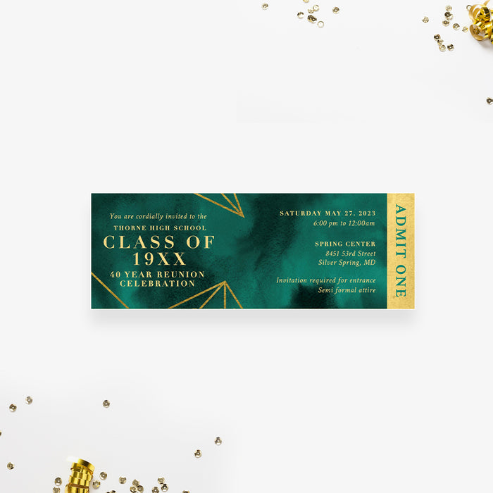 Class Reunion Ticket Invitation with Gold Jewel Geometric Lines, Elegant Tickets for Business Event in Emerald Green