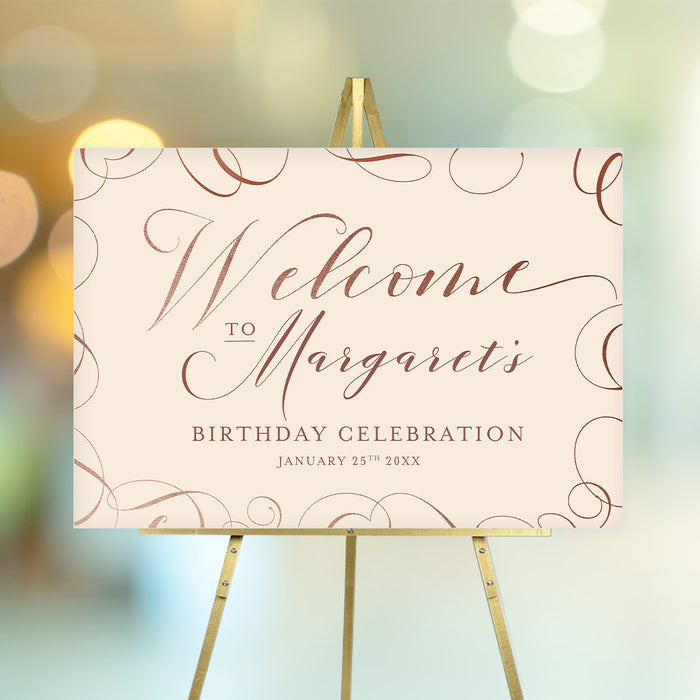 Elegant welcome sign in soft beige and terracotta with calligraphy, personalized with a name, event type, and date for birthdays, weddings, or special celebrations.