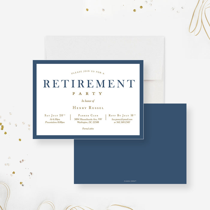 classic retirement party invitation with navy blue border, warm accent details, elegant lettering, and custom retiree event details-front-back