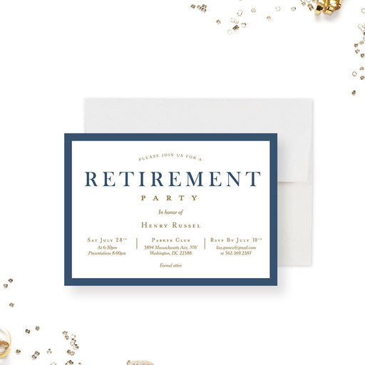classic retirement party invitation with navy blue border, warm accent details, elegant lettering, and custom retiree event details-front
