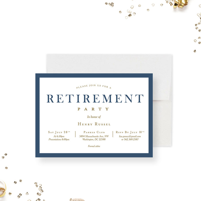 classic retirement party invitation with navy blue border, warm accent details, elegant lettering, and custom retiree event details-front