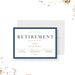 classic retirement party invitation with navy blue border, warm accent details, elegant lettering, and custom retiree event details-front