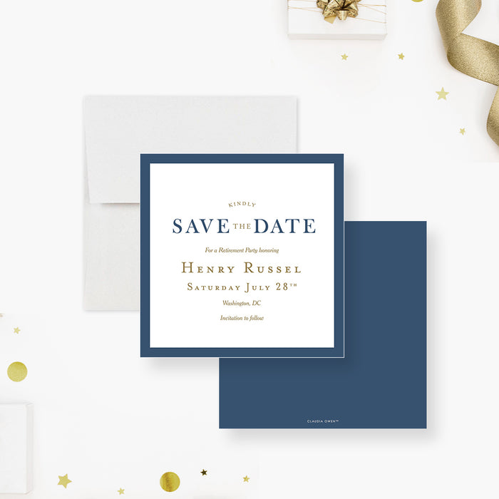classic retirement save the date card with navy blue border, warm accent details, elegant lettering, and retiree celebration details-front-back