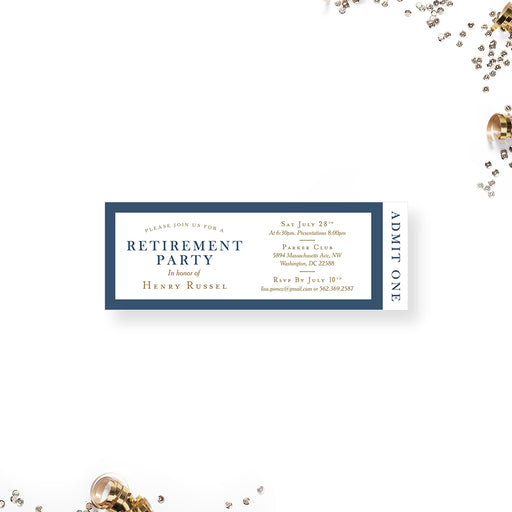 retirement party ticket invitation with navy blue border, warm accent details, elegant lettering, and admit one ticket layout