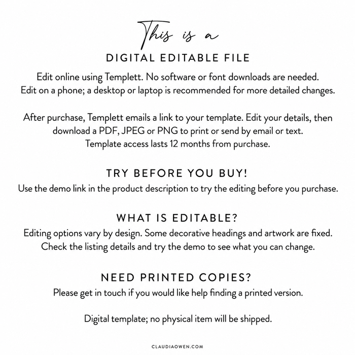 Templett digital template instructions with phone editing guidance, a 12-month access period, download options and a demo reminder.