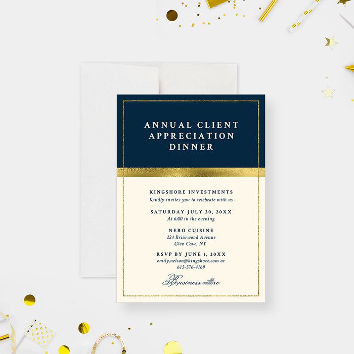 Elegant Annual Client Appreciation Dinner Invitation Card in Blue and Gold Design, Professional Business Banquet Party Invites
