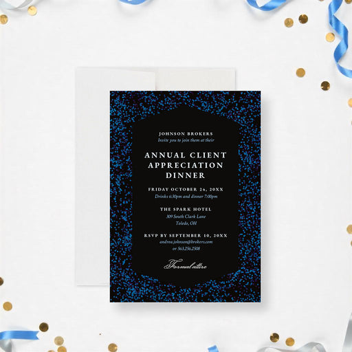 Black and blue corporate client appreciation dinner invitation, ideal for recognizing your valued clients.-front