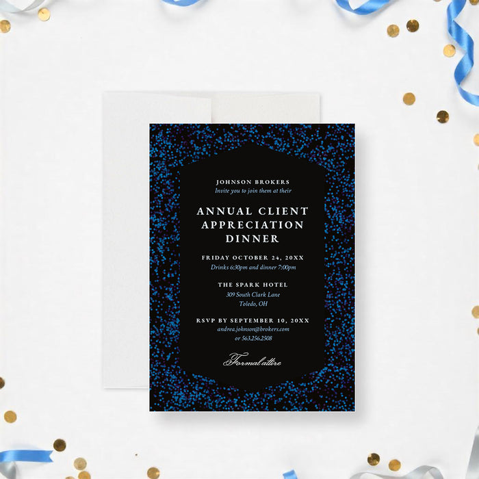 Black and blue corporate client appreciation dinner invitation, ideal for recognizing your valued clients.-front