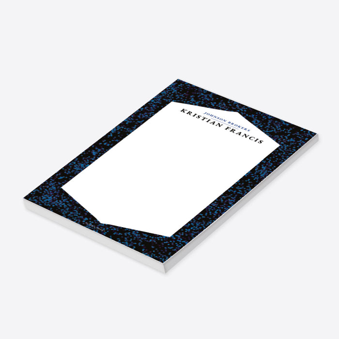Black and blue personalized notepad featuring a modern geometric border, perfect for office stationery professionals.-side