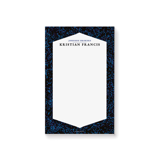 Black and blue personalized notepad featuring a modern geometric border, perfect for office stationery professionals.