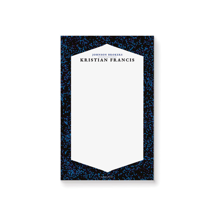 Black and blue personalized notepad featuring a modern geometric border, perfect for office stationery professionals.