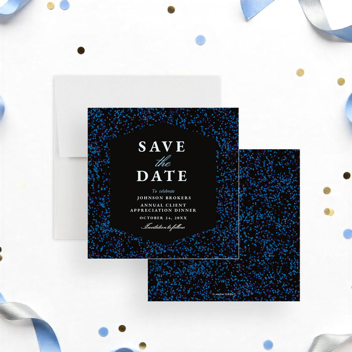 Black and blue save the date card for business client appreciation dinner events-front-back