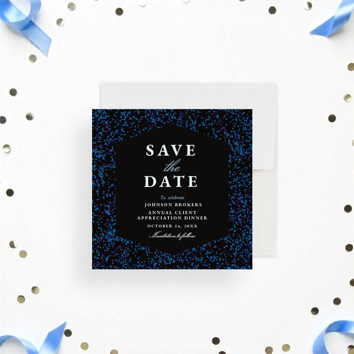 Black and blue save the date card for business client appreciation dinner events-front