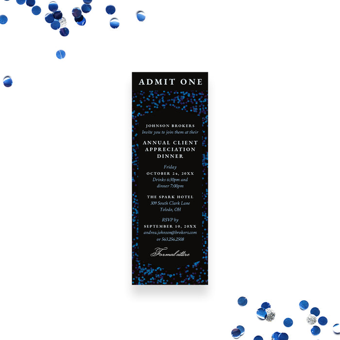 Black and blue custom ticket-style invitation designed as an admit-one event ticket for corporate functions.