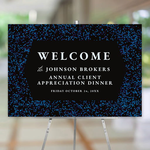 Black and blue customized welcome sign for an annual client appreciation dinner decoration