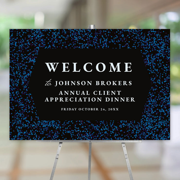 Black and blue customized welcome sign for an annual client appreciation dinner decoration