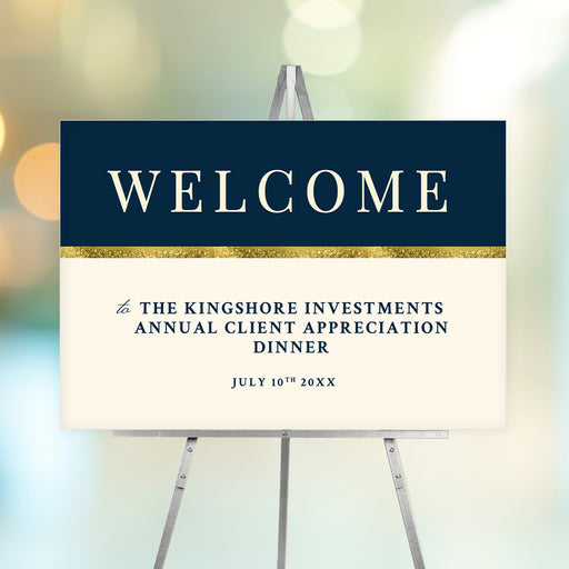 Custom corporate welcome sign for a client appreciation dinner, featuring navy and cream colors with gold accents.