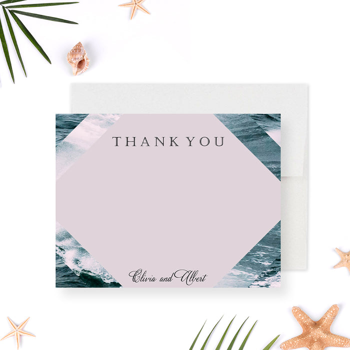 Wedding thank you card featuring a blue crashing ocean waves photograph-front