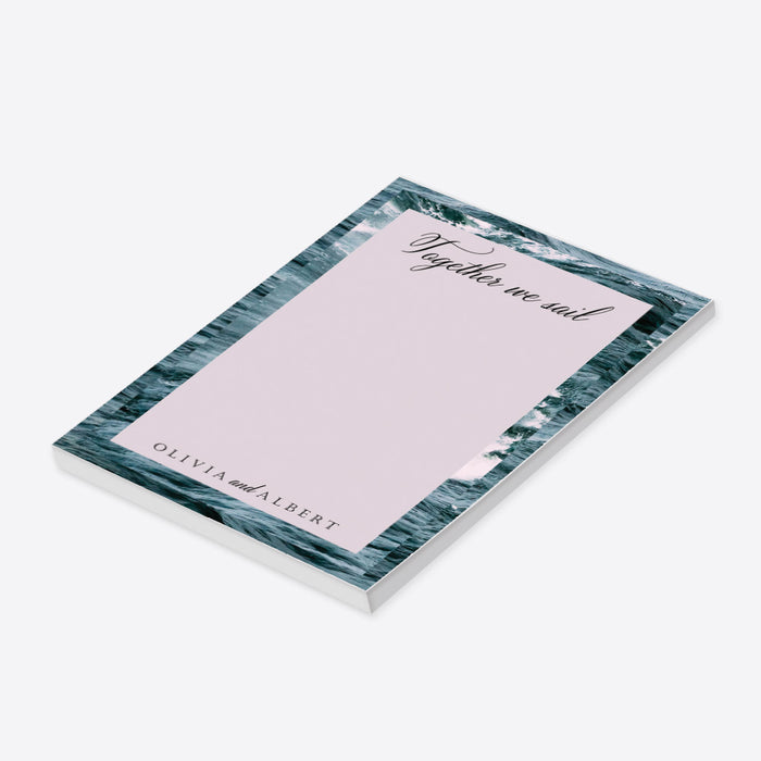 Personalized wedding notepad with blue ocean wave illustration and “Together we sail” text-side