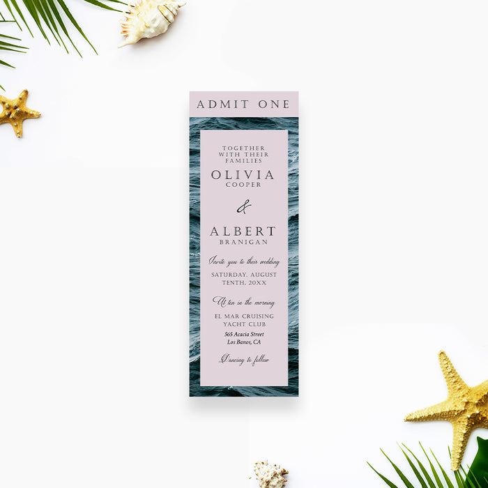 Ocean-themed wedding ticket invitation with blue wave design.