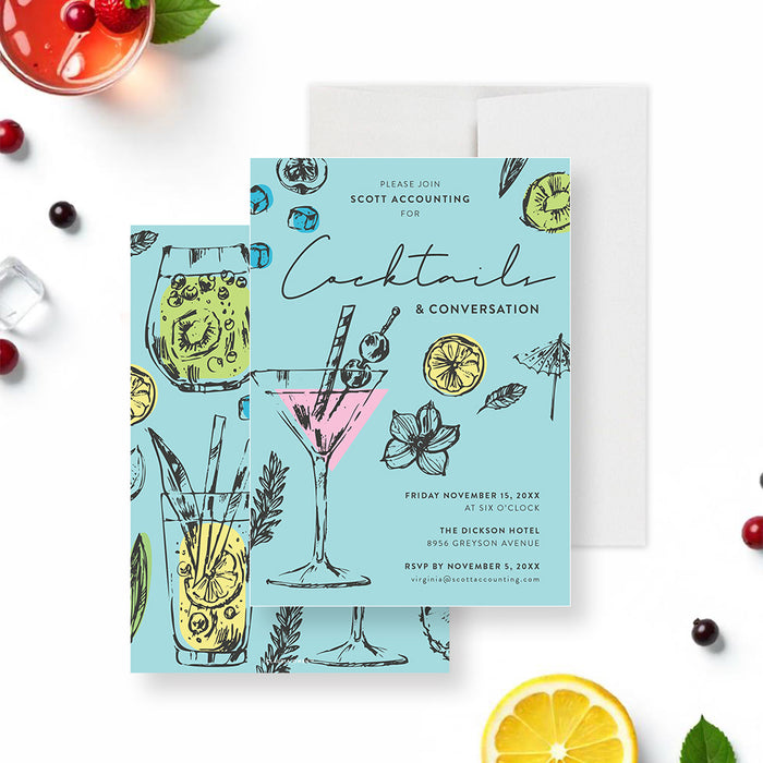 Cocktail party invitation featuring a hand-drawn martini glass, fruits, ice cubes, umbrella, and garnishes, customizable for birthdays, corporate events, and elegant celebrations.-front-back