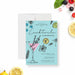 Cocktail party invitation featuring a hand-drawn martini glass, fruits, ice cubes, umbrella, and garnishes, customizable for birthdays, corporate events, and elegant celebrations.-front