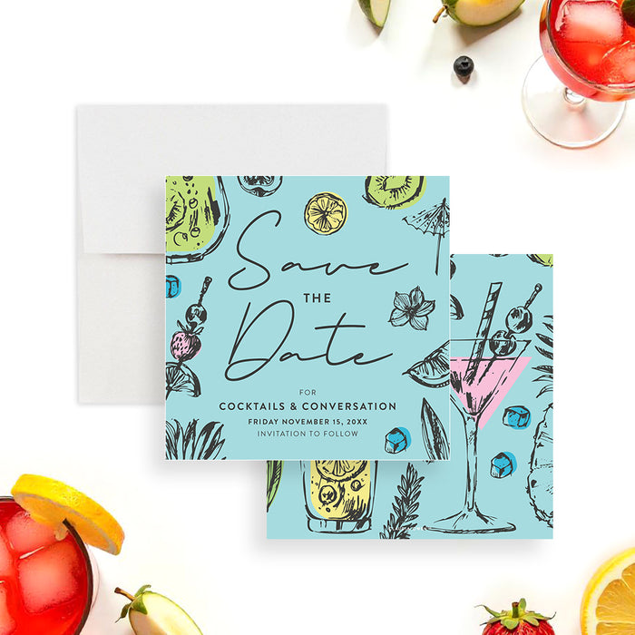 Cocktails and Conversation save the date card with light blue background and cocktail illustrations for corporate events.-front-back