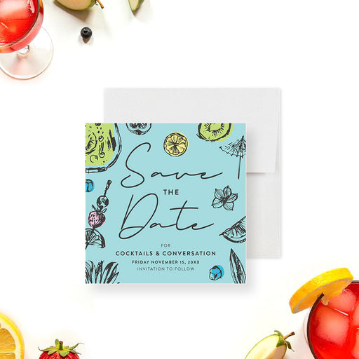 Cocktails and Conversation save the date card with light blue background and cocktail illustrations for corporate events.-front