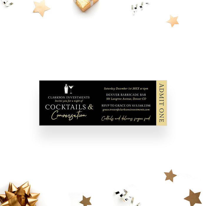 Corporate cocktails and conversation ticket invitation with cocktail drink and shaker design, elegant admit-one pass for business happy hour
