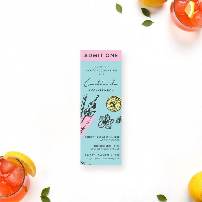 Modern cocktail party ticket invitation with pastel pink and aqua design, featuring a hand-drawn cocktail glass, lemon slice, and floral details.