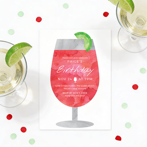 Cocktail glass birthday digital invitation featuring watercolor drink design