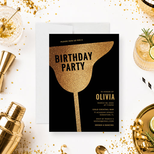 cocktail birthday invitation digital template with gold coupe glass design on a black background for an adult birthday party