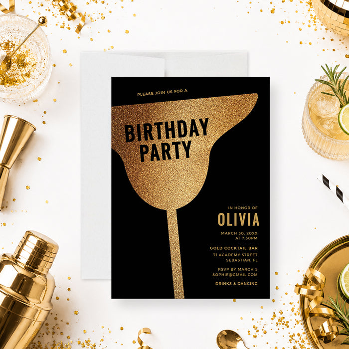 cocktail birthday invitation digital template with gold coupe glass design on a black background for an adult birthday party