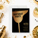 cocktail birthday invitation digital template with gold coupe glass design on a black background for an adult birthday party