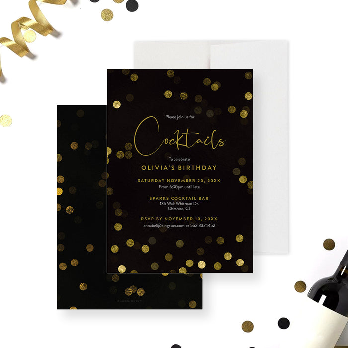 cocktail party birthday invitation with black background, refined confetti accents, script lettering, and custom adult birthday details-front-back