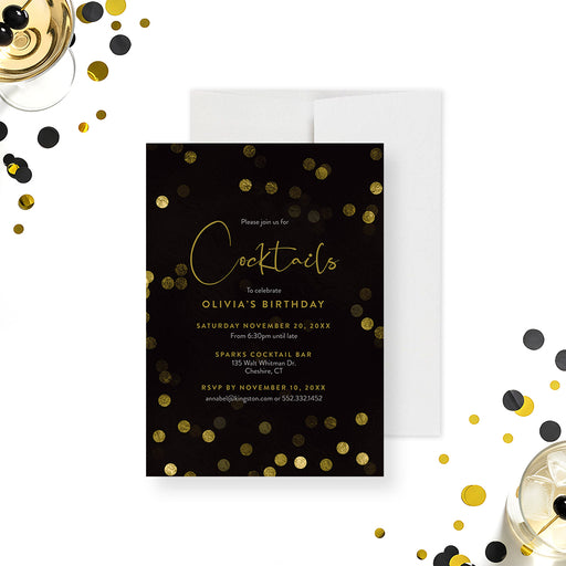cocktail party birthday invitation with black background, refined confetti accents, script lettering, and custom adult birthday details-front