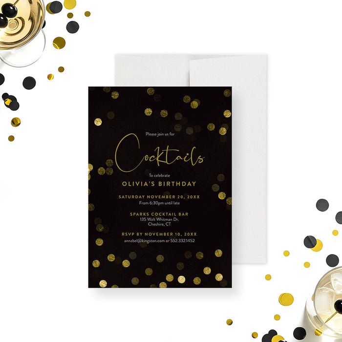cocktail party birthday invitation with black background, refined confetti accents, script lettering, and custom adult birthday details-front