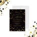 cocktail party birthday invitation with black background, refined confetti accents, script lettering, and custom adult birthday details-front
