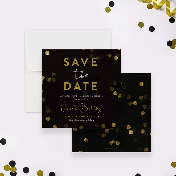 cocktail party birthday save the date card with black background, refined confetti accents, elegant lettering, and custom event details-front-back