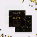 cocktail party birthday save the date card with black background, refined confetti accents, elegant lettering, and custom event details-front-back