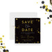 cocktail party birthday save the date card with black background, refined confetti accents, elegant lettering, and custom event details-front