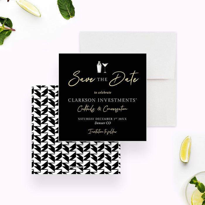 Modern save the date card with cocktail drink and shaker design, perfect for business happy hour, after work party, or corporate events.-front-back