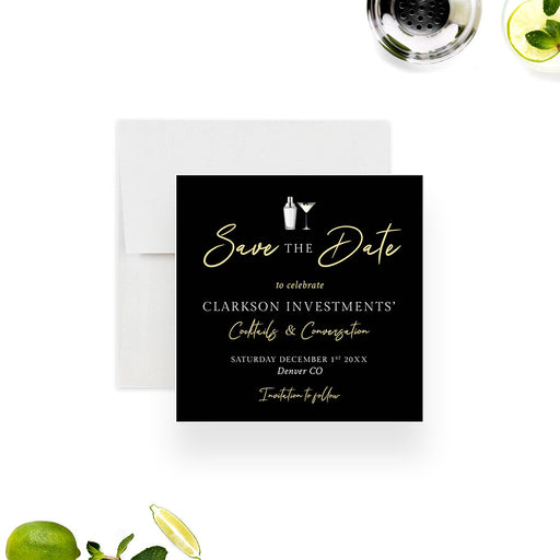 Modern save the date card with cocktail drink and shaker design, perfect for business happy hour, after work party, or corporate events.-front