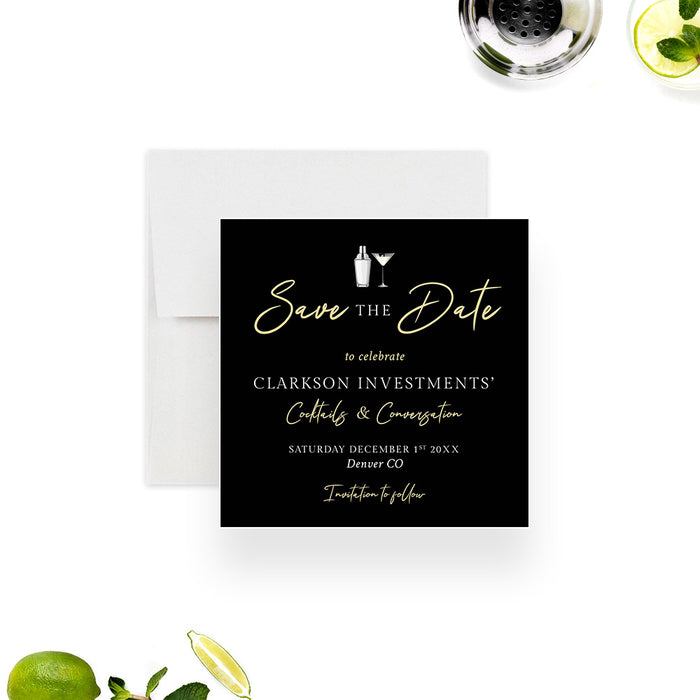 Modern save the date card with cocktail drink and shaker design, perfect for business happy hour, after work party, or corporate events.-front