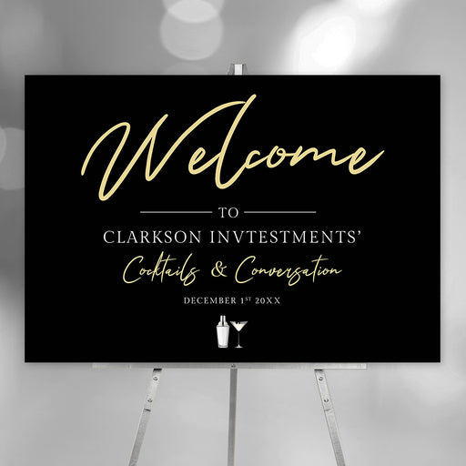Cocktails and conversation welcome sign featuring a cocktail drink and shaker design, customizable event signage to enhance any gathering.